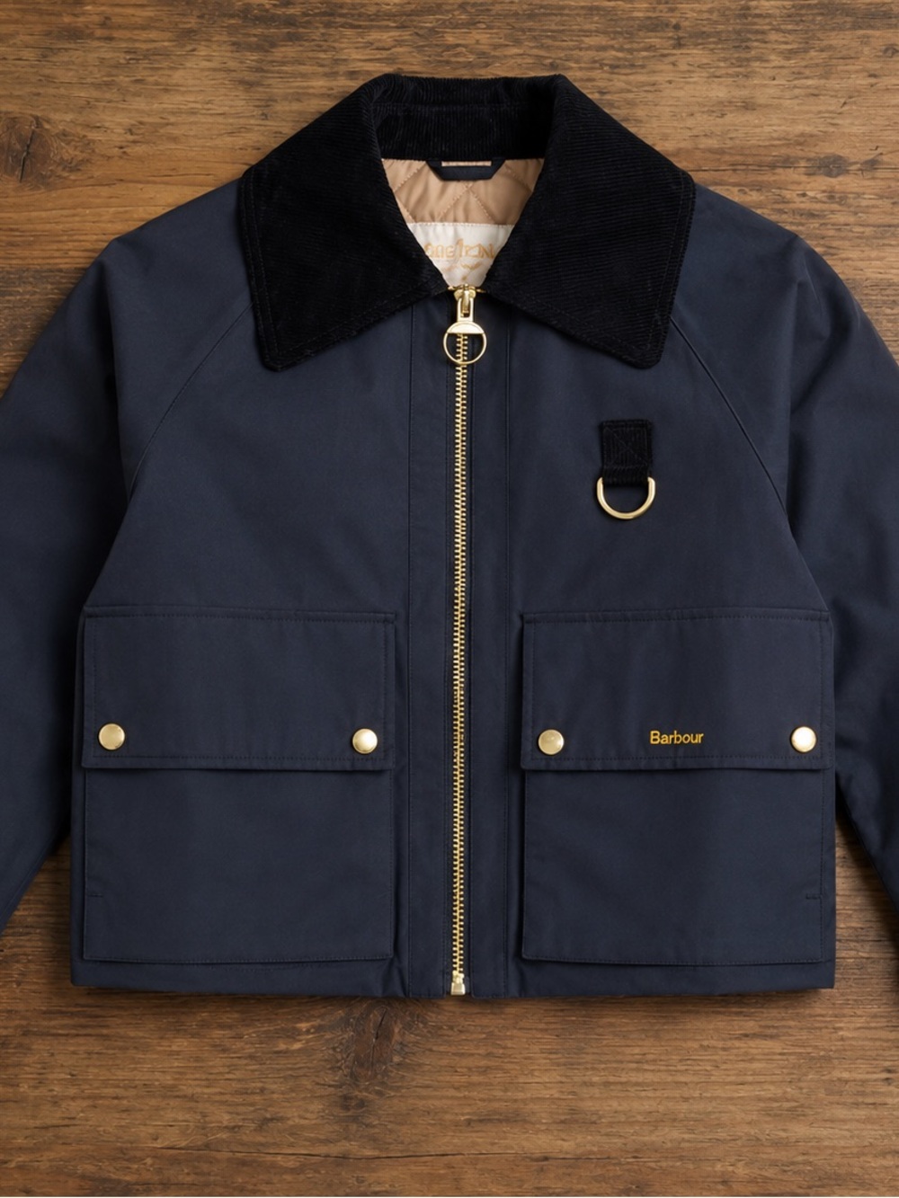 Women's Nora Oversized-Collar Utility Jacket 10 Navy cropped tan corduroy
